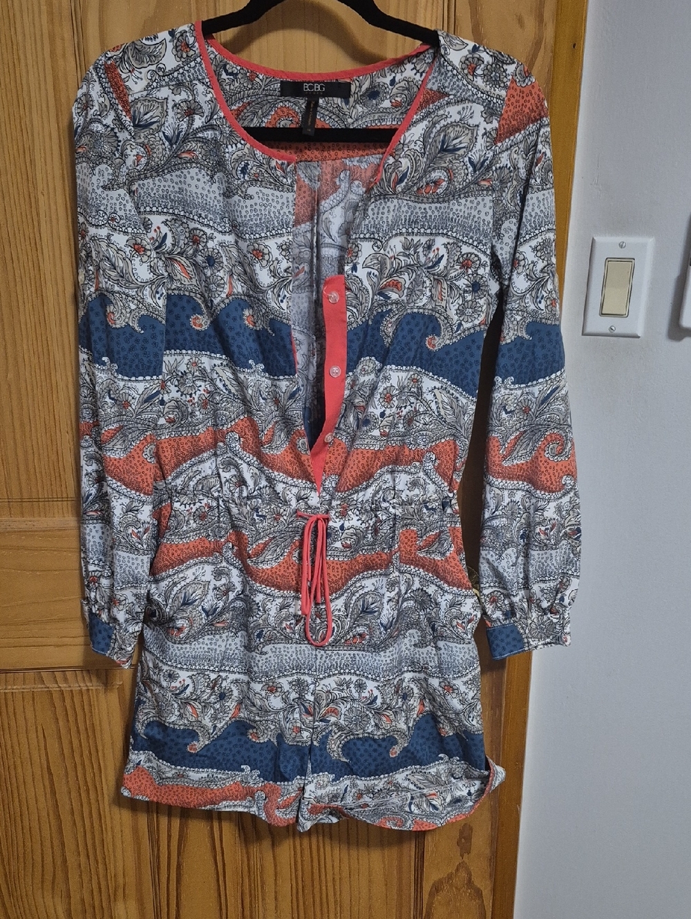 BCBG Coral, Navy & White Paisley Button-Front Romper
